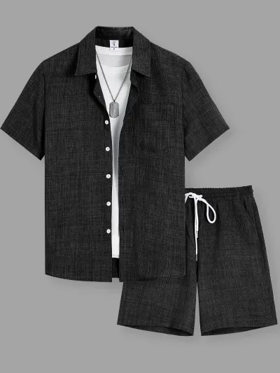 Men's Fashion Casual Solid Color Lapel Short-Sleeve Open Button Shirt Drawstring Pocket Shorts Two-Piece Set