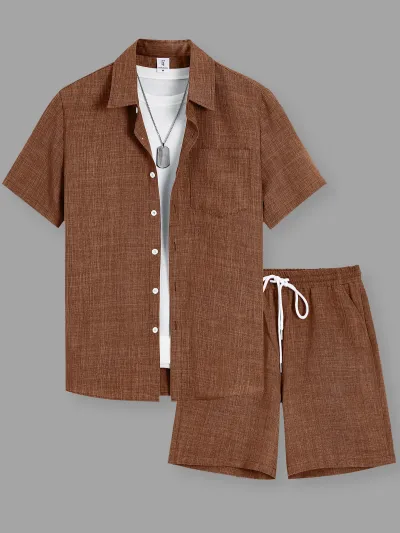 Men's Fashion Casual Solid Color Lapel Short-Sleeve Open Button Shirt Drawstring Pocket Shorts Two-Piece Set