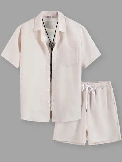 Men's Fashion Casual Solid Color Lapel Short-Sleeve Open Button Shirt Drawstring Pocket Shorts Two-Piece Set