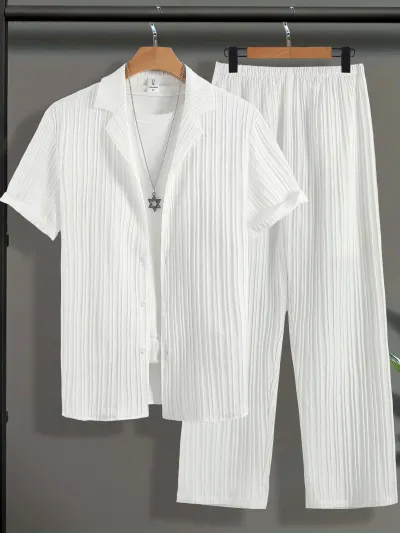 Men Fashion Casual Solid Color Short Sleeve Button Shirt and Loose Pants Two-Piece Set