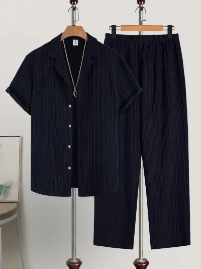 Men Fashion Casual Solid Color Short Sleeve Button Shirt and Loose Pants Two-Piece Set