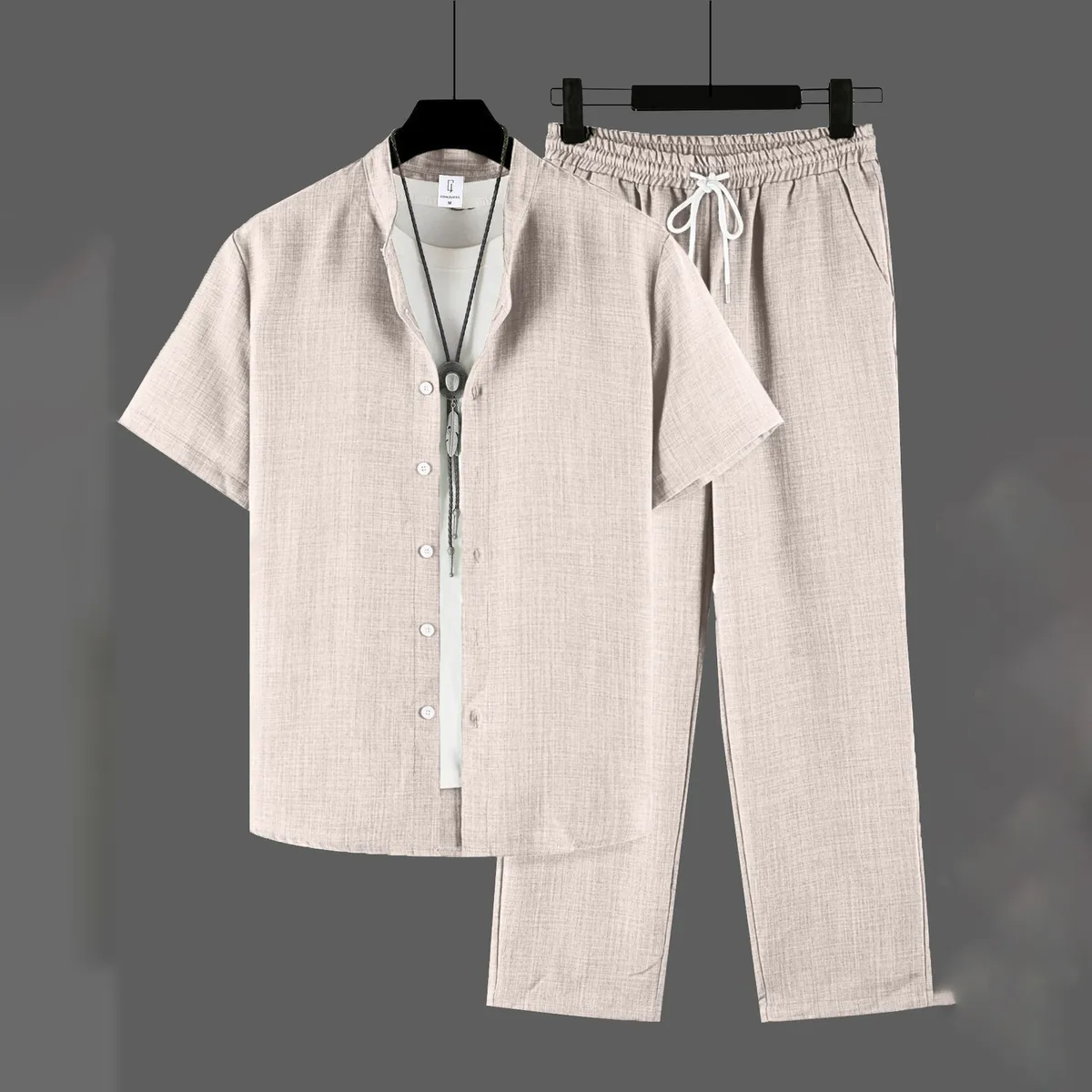 Men's Fashion Casual Solid Color Turn-Down Collar Short Sleeve Button Shirt Drawstring Pocket Pants Two-Piece Set