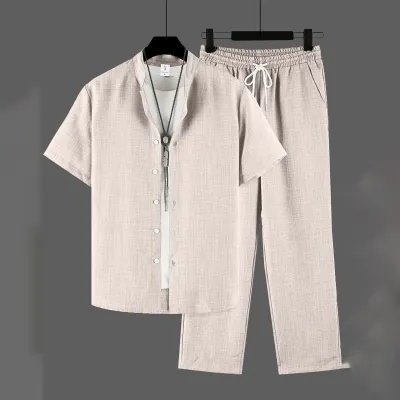 Men's Fashion Casual Solid Color Turn-Down Collar Short Sleeve Button Shirt Drawstring Pocket Pants Two-Piece Set