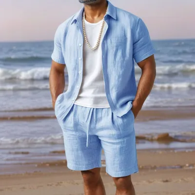 Men's Fashion Casual Summer Solid Linen Button Lapel Short-Sleeve Shirt Shorts Two-Piece Set