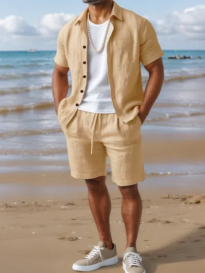 Men's Fashion Casual Summer Solid Linen Button Lapel Short-Sleeve Shirt Shorts Two-Piece Set