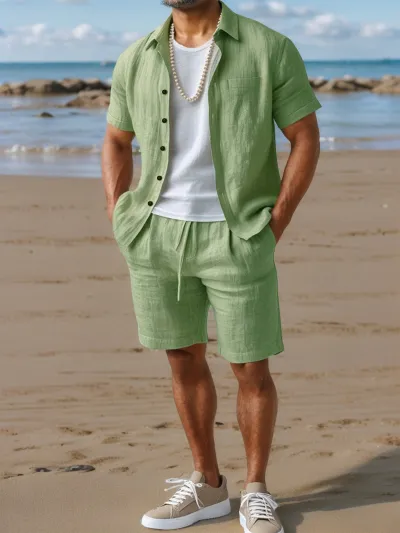 Men's Fashion Casual Summer Solid Linen Button Lapel Short-Sleeve Shirt Shorts Two-Piece Set