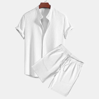 Men's Fashion Casual Summer Solid Color Short-Sleeve Shirt and Shorts Two-Piece Set