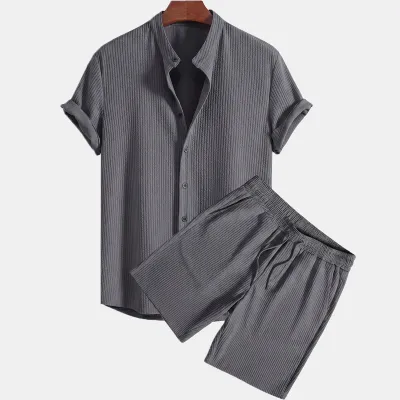 Men's Fashion Casual Summer Solid Color Short-Sleeve Shirt and Shorts Two-Piece Set