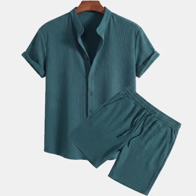 Men's Fashion Casual Summer Solid Color Short-Sleeve Shirt and Shorts Two-Piece Set