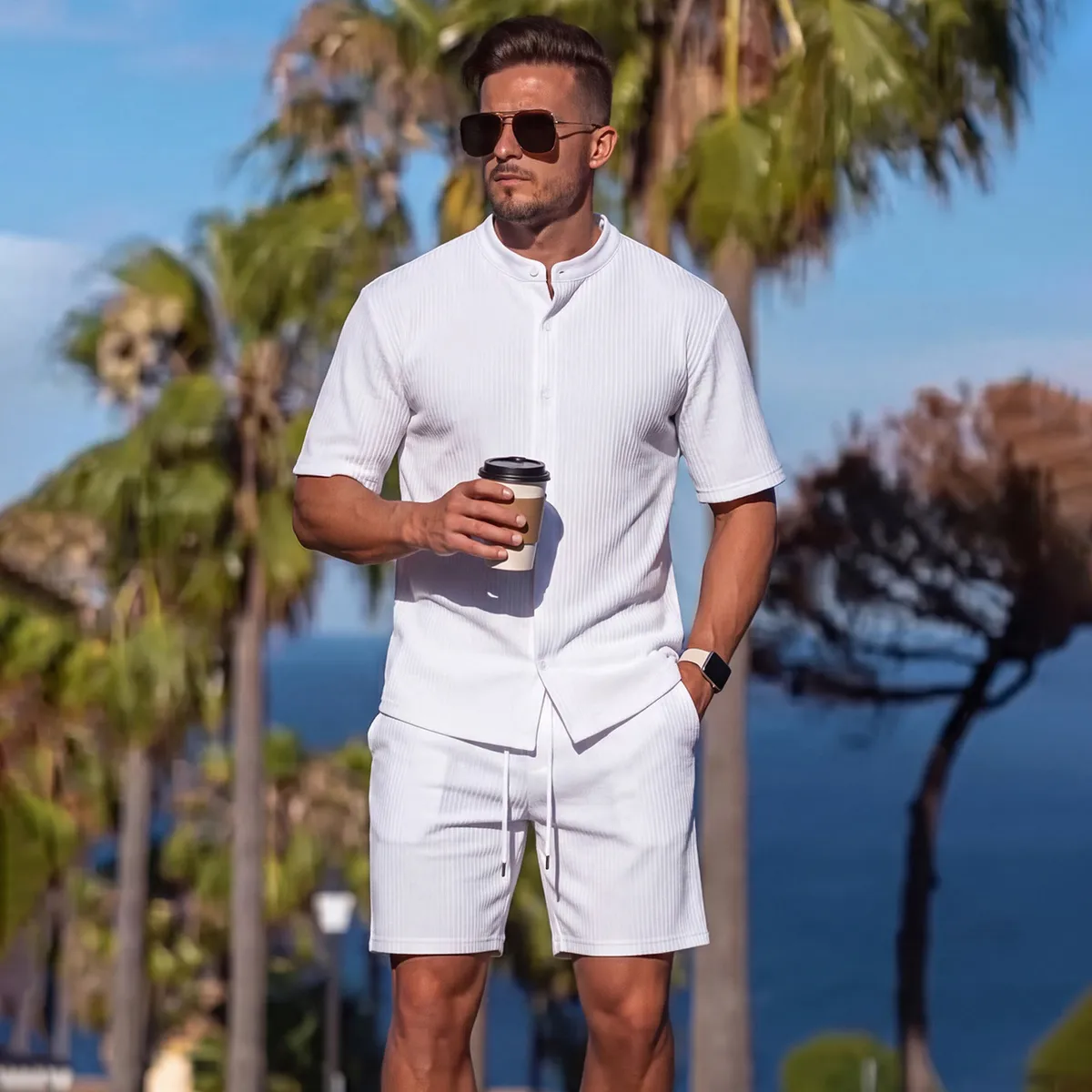 Men's Fashion Casual Summer Solid Color Short-Sleeve Shirt and Shorts Two-Piece Set