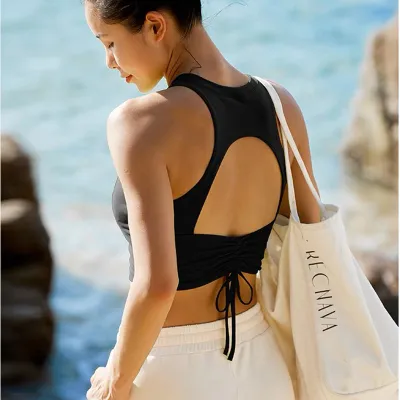 Women Fashion Sexy Solid Color Sleeveless Backless Drawstring Sports Yoga Vest
