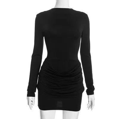 Women Fashion Casual Autumn Solid Color Pleated Long-Sleeve Slim Fit Dress