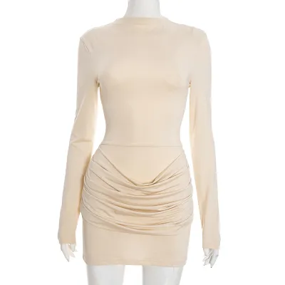 Women Fashion Casual Autumn Solid Color Pleated Long-Sleeve Slim Fit Dress