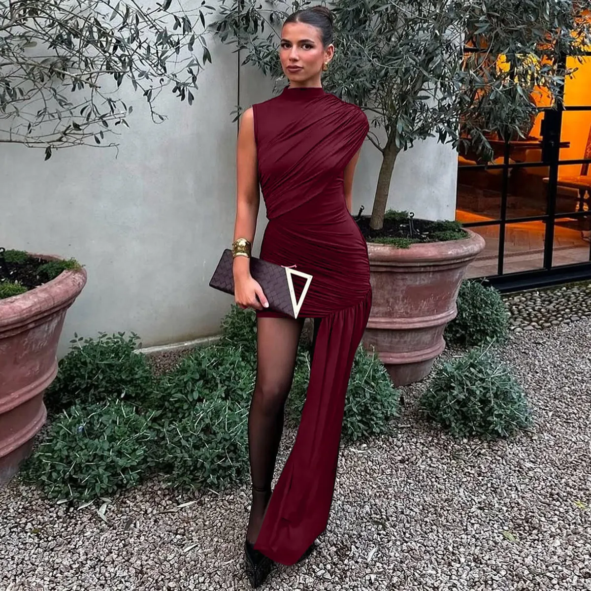 Women'S Fashion Sexy Spring And Summer Irregular Solid Color Sleeveless Slim Fit Pleated Strap Dress