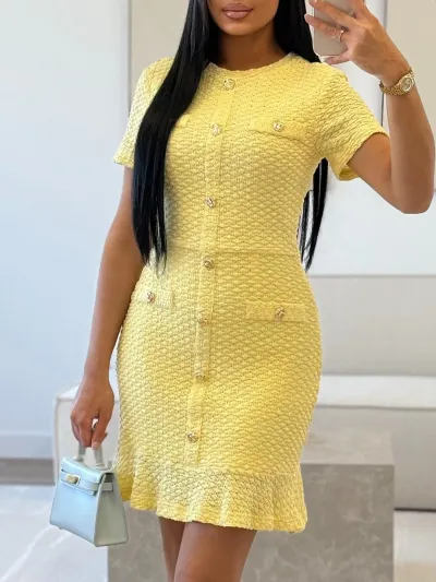 Women Fashion Elegant Solid Color Button Short-Sleeve Dress