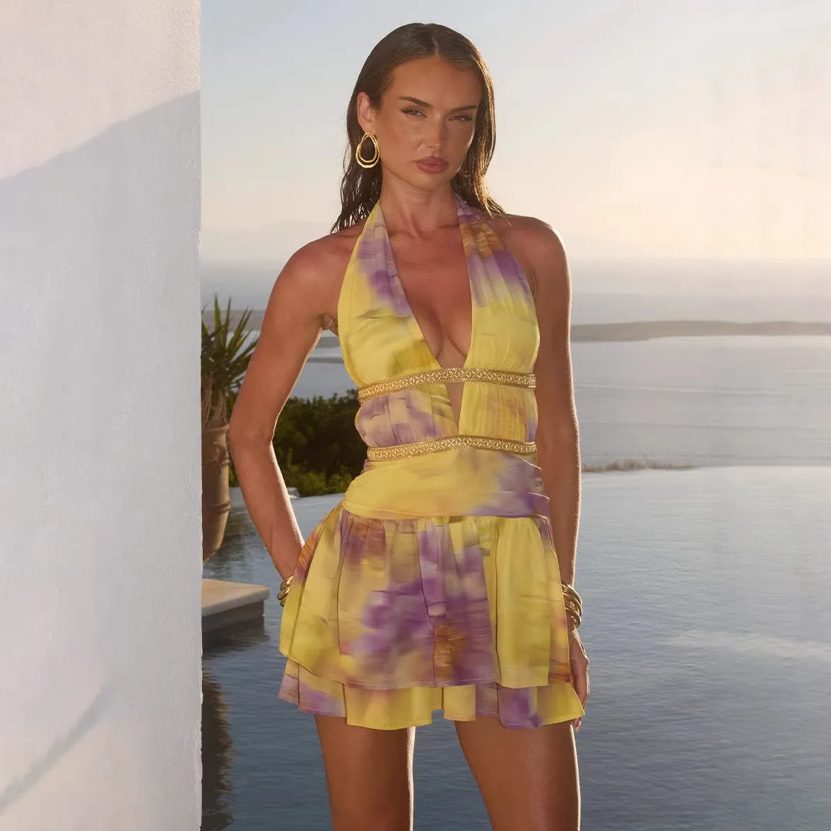 Women Fashion Sexy Ethnic Style Printed Halter-Neck Backless Dress