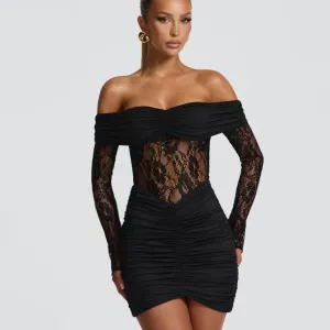 Women Fashion Sexy Elegant Solid Color Lace Perspective Off-Shoulder Long-Sleeve Slim-Fit Dress