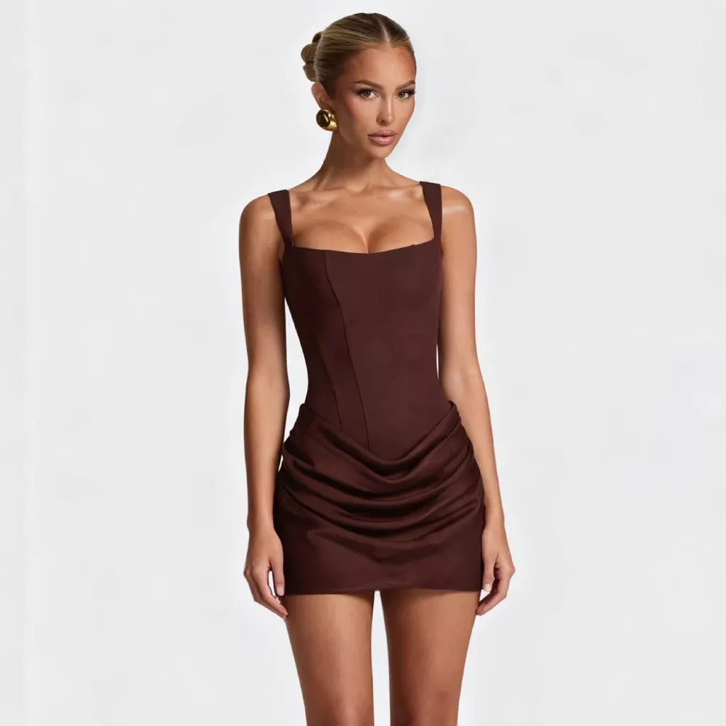 Women Fashion Elegant Solid Color Square Collar Sleeveless High Waist Slim-Fit Dress