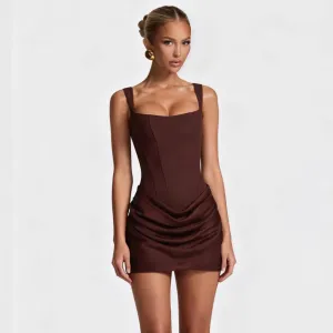 Women Fashion Elegant Solid Color Square Collar Sleeveless High Waist Slim-Fit Dress