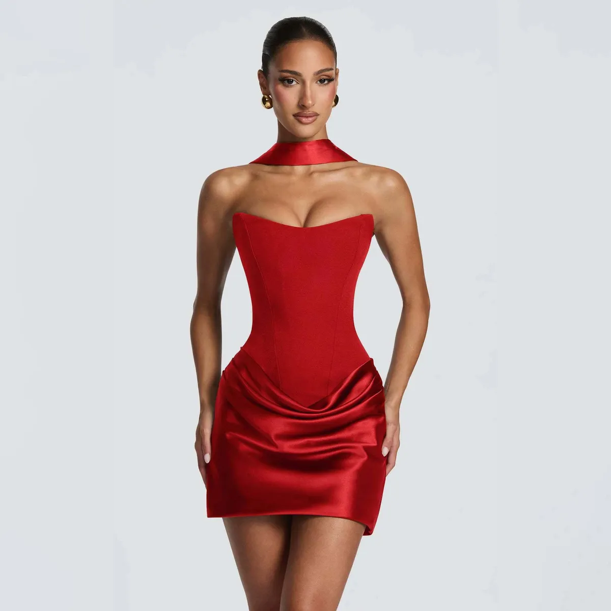 Women Fashion Elegant Solid Color Pleated Slim Fit Dress