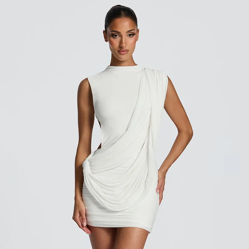 Women Fashion Sexy Summer Asymmetrical Solid Color Sleeveless Strap Backless Slim-Fit Dress