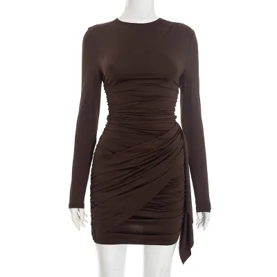 Women Fashion Elegant Autumn And Winter Solid Color Pleated Strap Long Sleeve Slim-Fit Dress