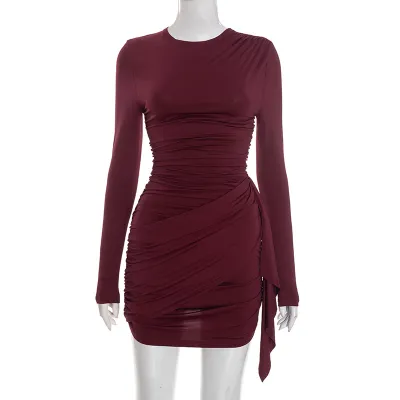 Women Fashion Elegant Autumn And Winter Solid Color Pleated Strap Long Sleeve Slim-Fit Dress