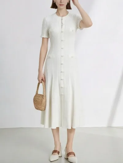 Women Fashion Elegant Solid Color Short-Sleeve Buttons Slim-Fit Knitted Dress