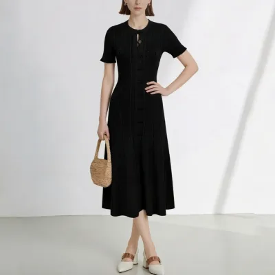 Women Fashion Elegant Solid Color Short-Sleeve Buttons Slim-Fit Knitted Dress