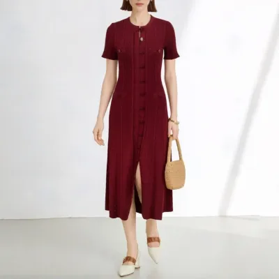 Women Fashion Elegant Solid Color Short-Sleeve Buttons Slim-Fit Knitted Dress