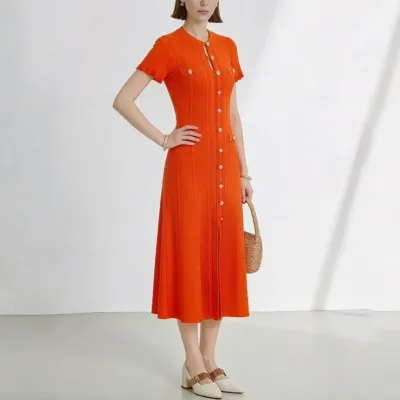 Women Fashion Elegant Solid Color Short-Sleeve Buttons Slim-Fit Knitted Dress