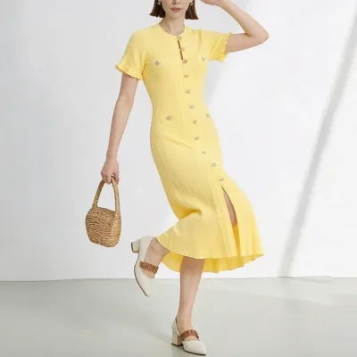 Women Fashion Elegant Solid Color Short-Sleeve Buttons Slim-Fit Knitted Dress