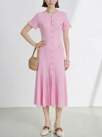 Women Fashion Elegant Solid Color Short-Sleeve Buttons Slim-Fit Knitted Dress