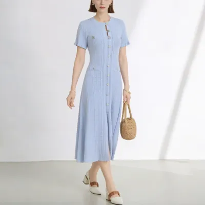 Women Fashion Elegant Solid Color Short-Sleeve Buttons Slim-Fit Knitted Dress