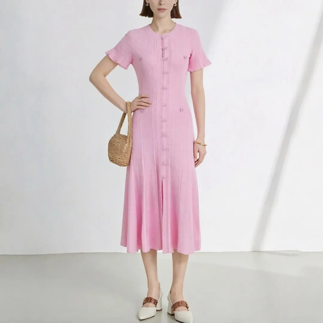 Women Fashion Elegant Solid Color Short-Sleeve Buttons Slim-Fit Knitted Dress