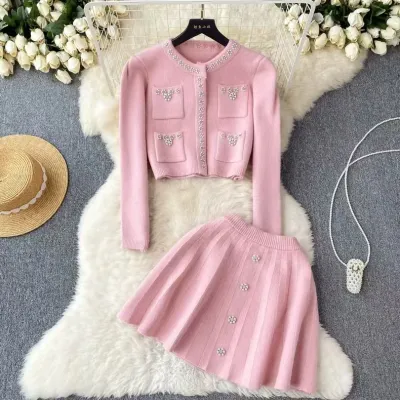 Women Fashion Elegant Solid Color Pearl Decoration Knitted Long-Sleeve Cardigan Mini Skirt Two-Piece Set