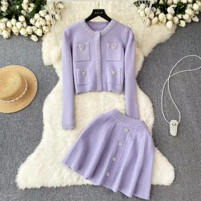 Women Fashion Elegant Solid Color Pearl Decoration Knitted Long-Sleeve Cardigan Mini Skirt Two-Piece Set