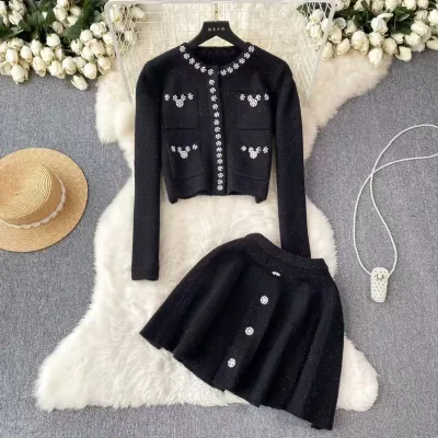 Women Fashion Elegant Solid Color Pearl Decoration Knitted Long-Sleeve Cardigan Mini Skirt Two-Piece Set