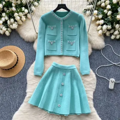 Women Fashion Elegant Solid Color Pearl Decoration Knitted Long-Sleeve Cardigan Mini Skirt Two-Piece Set