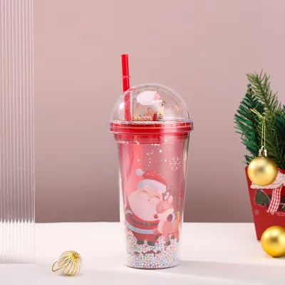 Fashion Creative Double Layer Christmas Plastic Water Cup 650ml With Straw