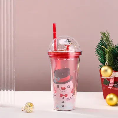 Fashion Creative Double Layer Christmas Plastic Water Cup 650ml With Straw