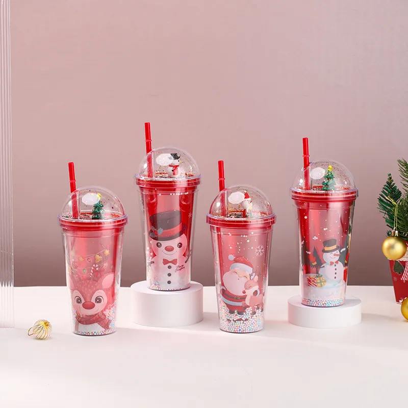 Fashion Creative Double Layer Christmas Plastic Water Cup 650ml With Straw