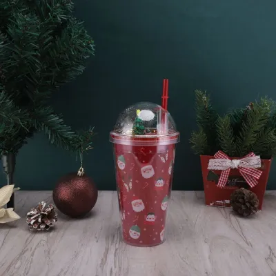 Fashion Creative Christmas Double Layer Water Cup with Straw Modern Minimalism Silicone 450Ml