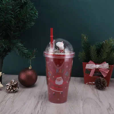 Fashion Creative Christmas Double Layer Water Cup with Straw Modern Minimalism Silicone 450Ml