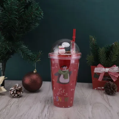 Fashion Creative Christmas Double Layer Water Cup with Straw Modern Minimalism Silicone 450Ml