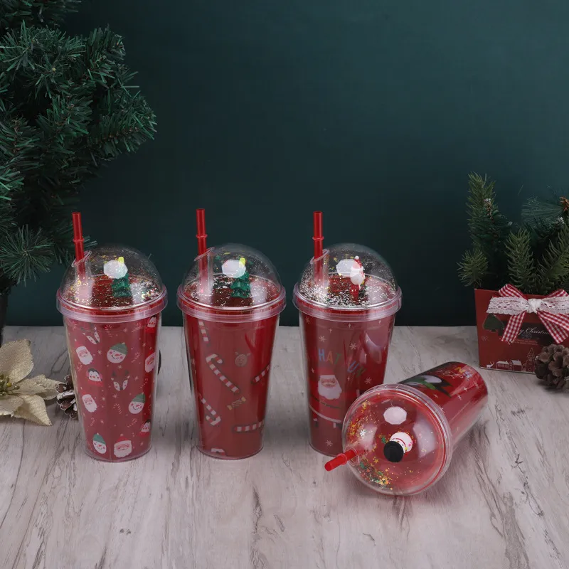 Fashion Creative Christmas Double Layer Water Cup with Straw Modern Minimalism Silicone 450Ml
