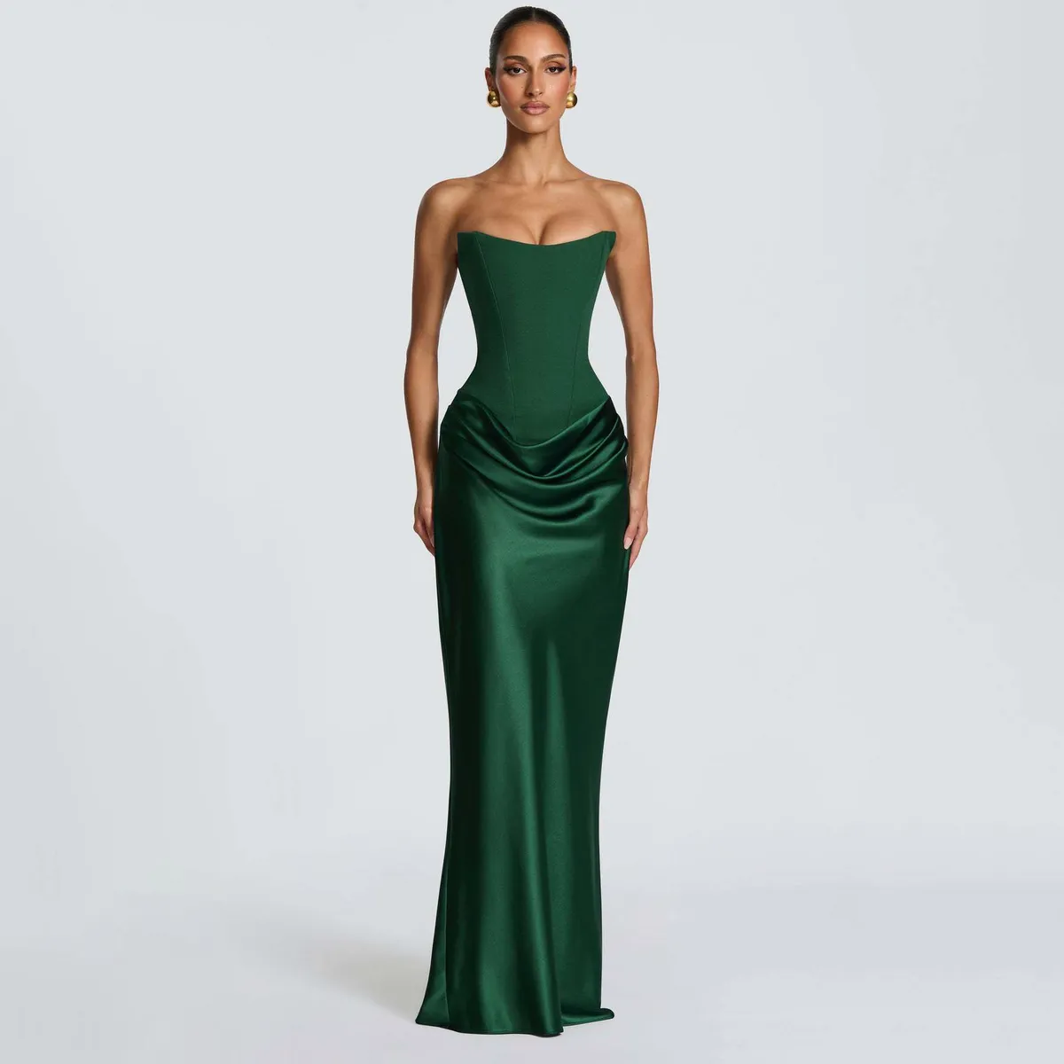 Women Fashion Elegant Solid Color Satin Tube Top Tight Waist Lace-Up Ribbon Dress