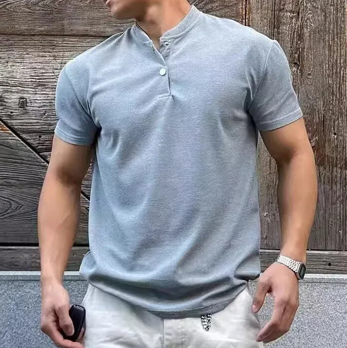 Men Casual Solid Color Short Sleeve Breathable Stand-Up Collar T-Shirt