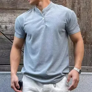 Men Casual Solid Color Short Sleeve Breathable Stand-Up Collar T-Shirt