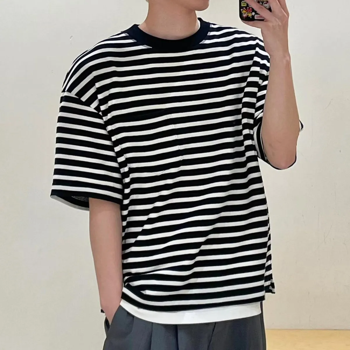Men Fashion Casual Black White Stripe Short Sleeve Loose-Fitting T-Shirt